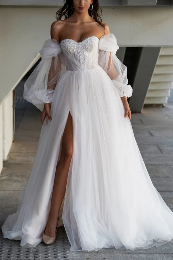 Abito da sposa casual con scollo a cuore e maniche a trapezio, stile country